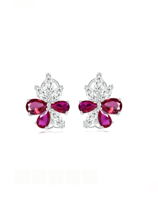 Red corundum [E 1698] 925 Sterling Silver High Carbon Diamond Flower Luxury Stud Earring